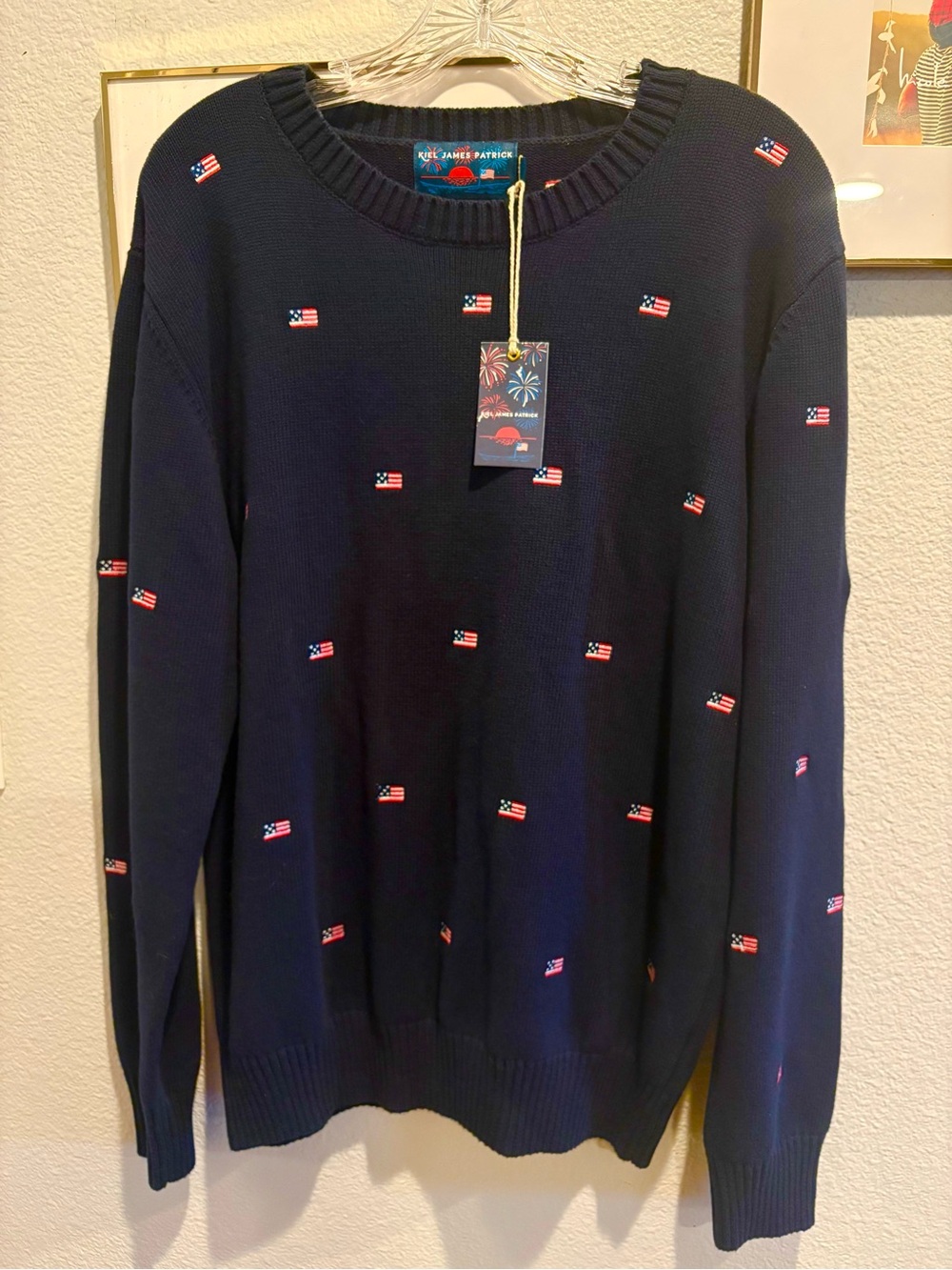 Kiel James Patrick KJP Mens American Flag Embroidered Sweater Navy NWT XL